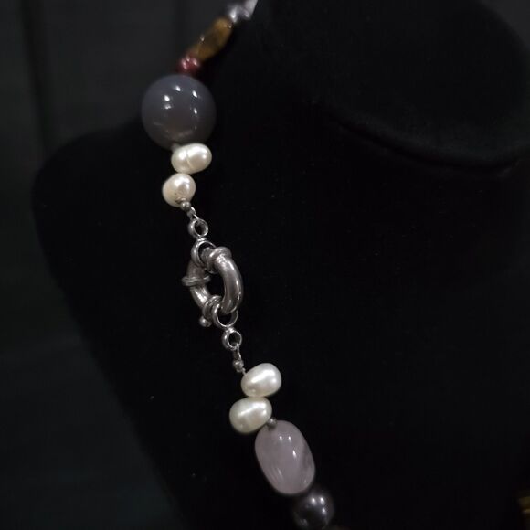 (4) Gemstone Agate Chunky Necklaces Set Statement Tigers Eye Pearls Rose Quartz - Picture 10 of 16